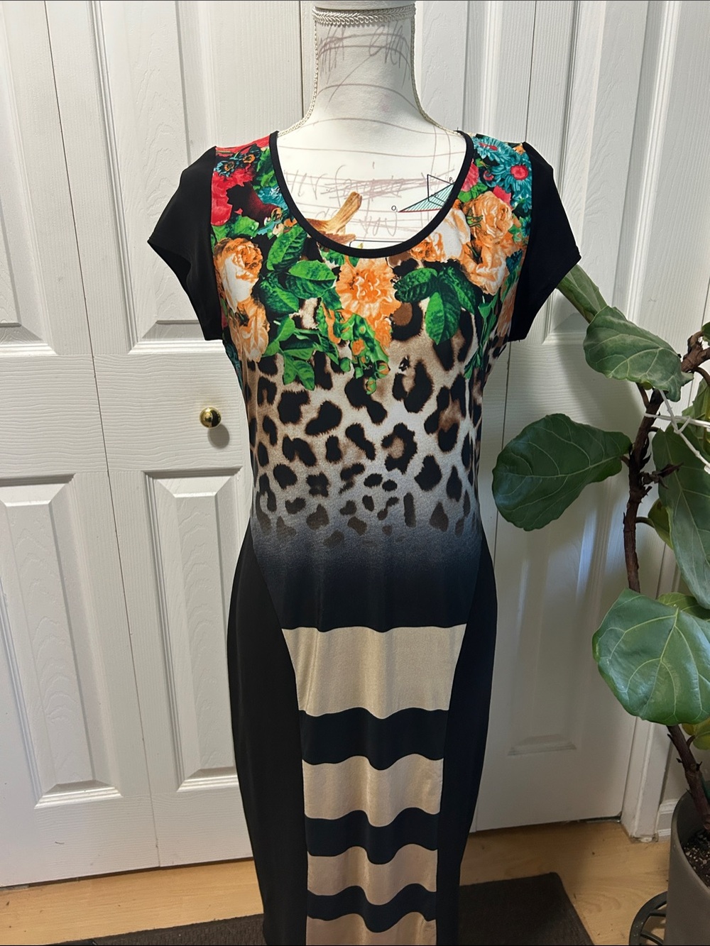 Joseph Ribkoff Black Midi Dress with Floral & Leopard Accents
